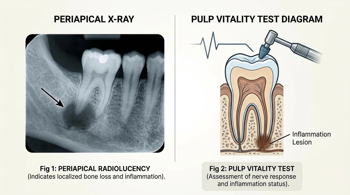 치아 뿌리 끝 염증을 보여주는 X-ray 이미지와 치수생활력 검사 도구