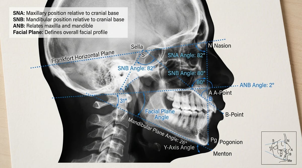 턱 성장 정밀 진단에 사용되는 두부계측방사선사진(Cephalometric X-ray)의 개념도