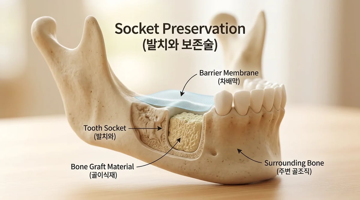 발치와 보존술을 통해 뼈이식재와 차폐막으로 채워진 치조골 소켓을 보여주는 다이어그램