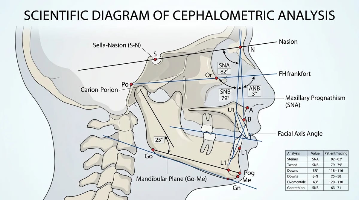 두부규격방사선 계측분석(Cephalometric Analysis)의 개념을 보여주는 두개골 윤곽선과 측정선 다이어그램