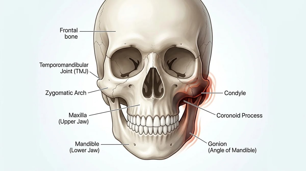 턱관절(TMJ)과 안면 구조의 비대칭적 스트레스를 나타내는 교육용 해부학 일러스트