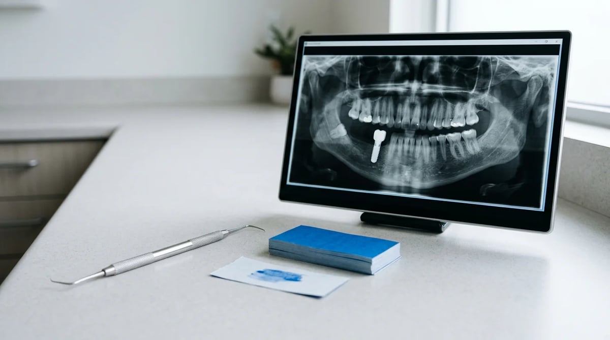 치과에서 임플란트 불편감 원인을 진단하는 데 사용되는 교합지, X-ray 이미지, 진료 도구