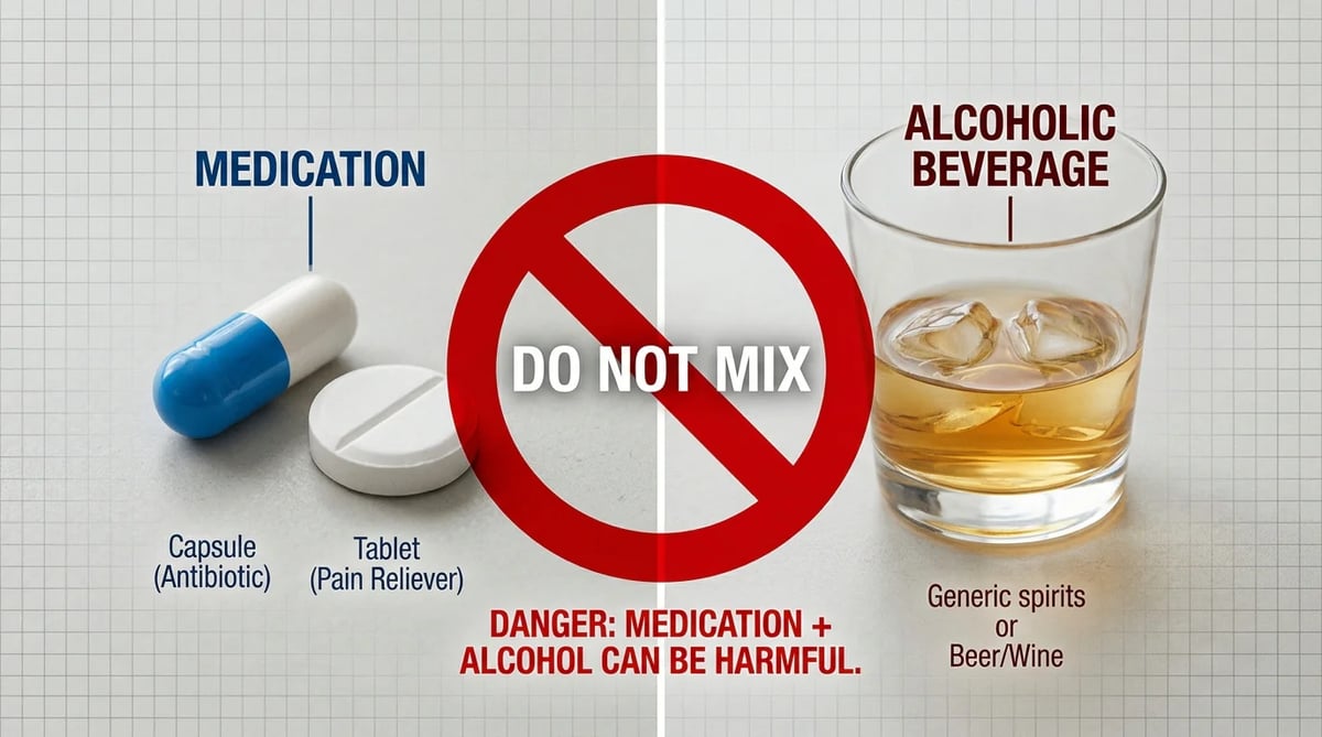 처방 약물과 알코올의 상호작용 위험을 경고하는 이미지