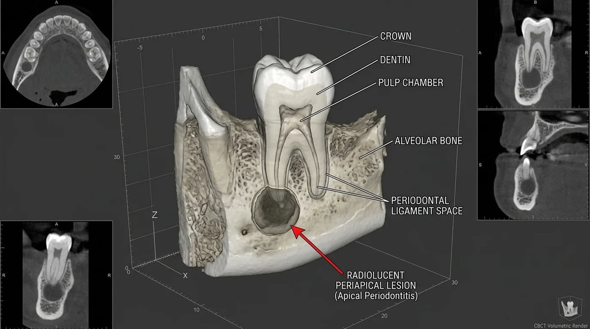 치아 뿌리 끝 병소를 보여주는 CBCT 3차원 영상 모식도
