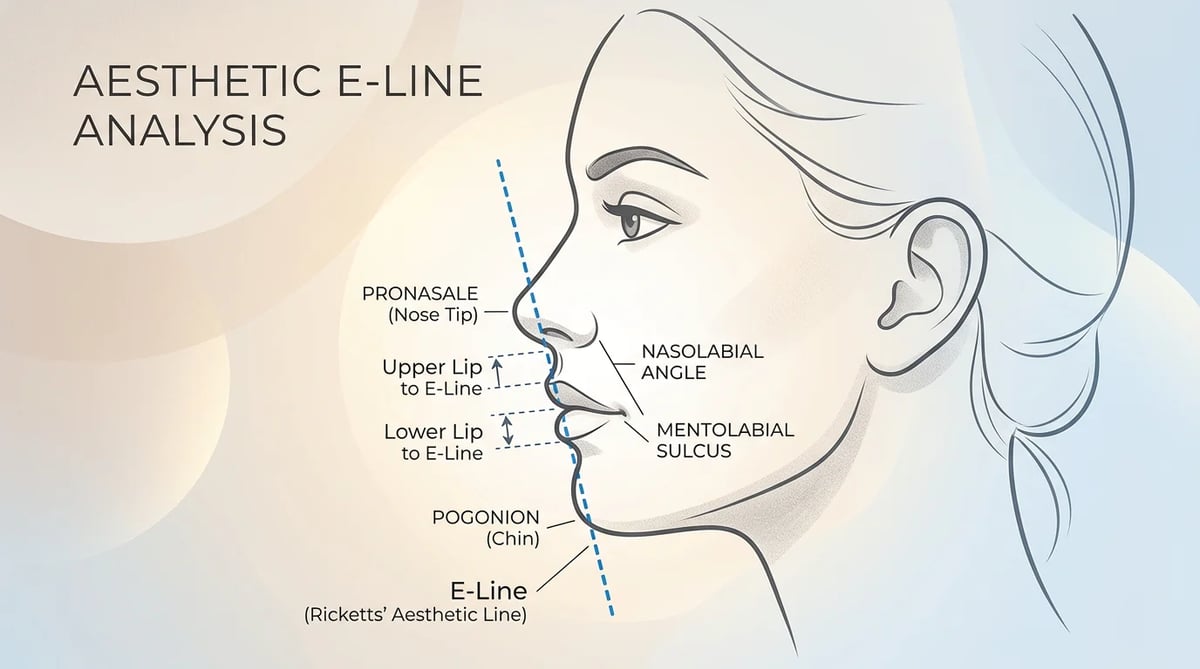 코끝과 턱끝을 연결한 E-line(심미선)과 입술 위치를 보여주는 얼굴 측면 일러스트