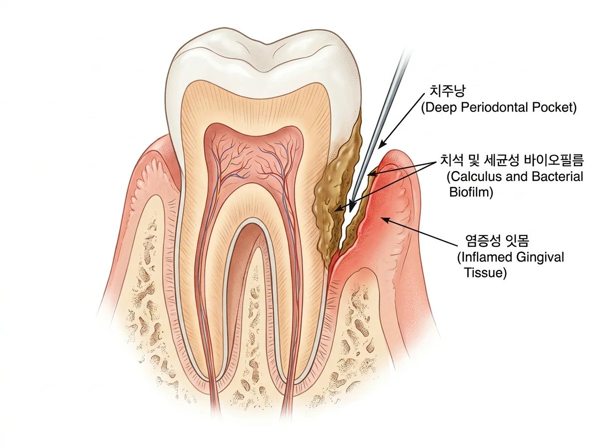 잇몸 질환으로 깊어진 치주낭과 치아 뿌리에 쌓인 세균막 및 치석을 보여주는 단면도