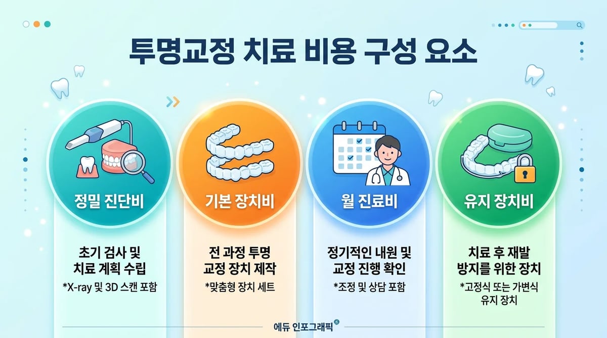 투명교정 전체 비용을 구성하는 진단비, 장치비, 월 진료비, 유지 장치비 네 가지 핵심 항목을 나타내는 인포그래픽