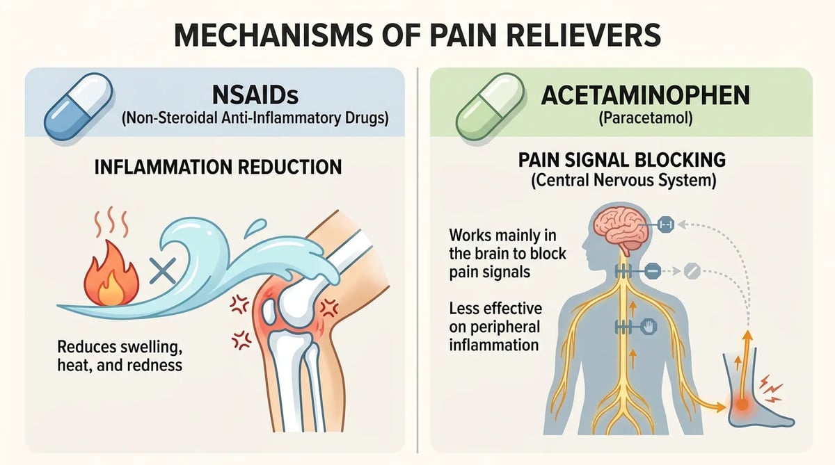 비스테로이드성 소염진통제(NSAIDs)와 아세트아미노펜 계열 진통제의 작용 방식을 시각적으로 구분한 일러스트