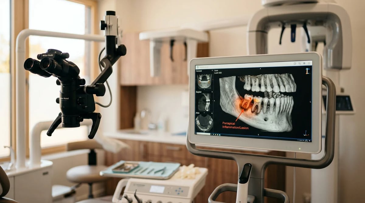 치과 CBCT 장비와 모니터에 표시된 3D 치아 스캔 이미지, 치과 현미경