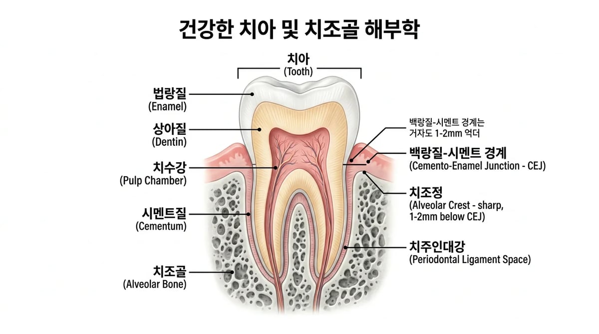 건강한 치아와 잇몸뼈의 해부학적 구조를 보여주는 엑스레이 다이어그램 (치조정, 치주인대강 포함)