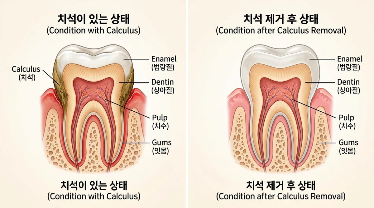 치석이 치아 표면에 붙어있다가 스케일링으로 제거된 후 치아 표면이 노출되는 과정을 묘사한 개념도