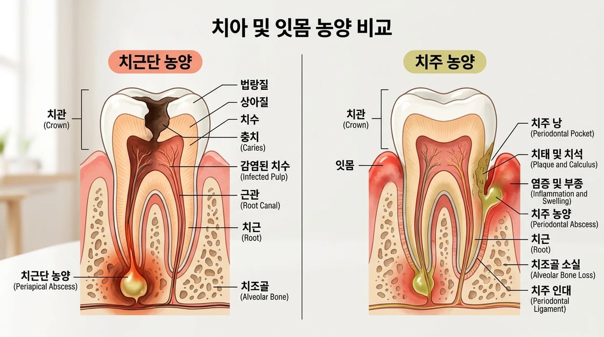 치근단 농양과 치주 농양의 주요 원인 및 차이점을 비교하는 인포그래픽