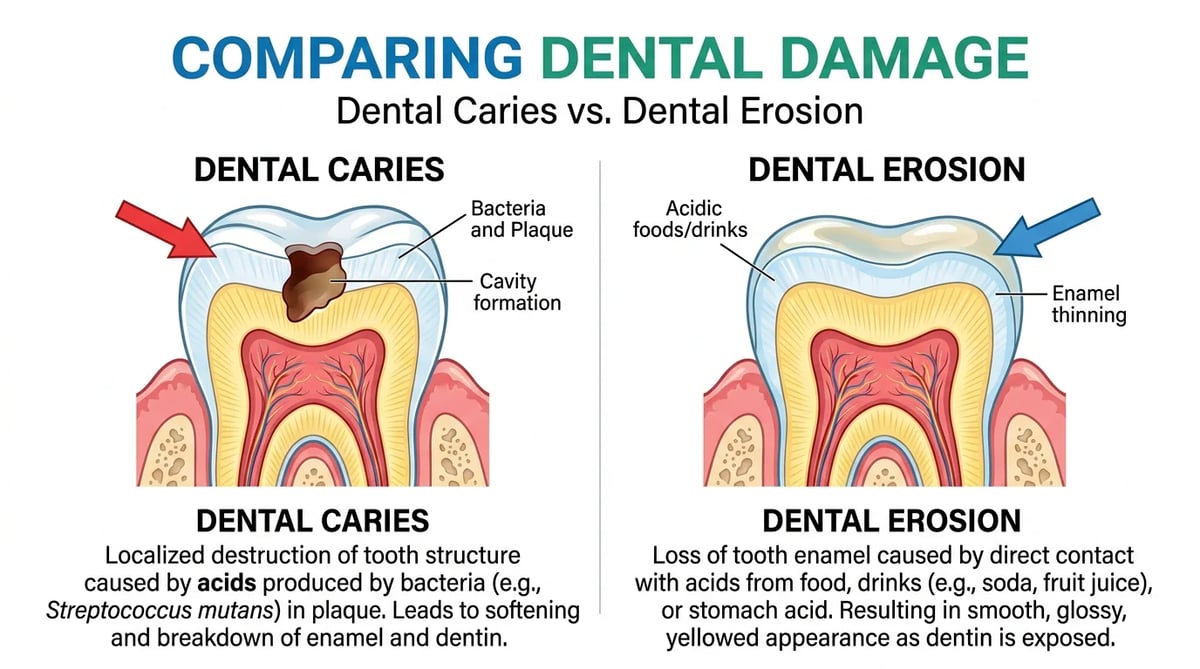 충치와 치아 부식의 차이를 보여주는 해부학적 비교도