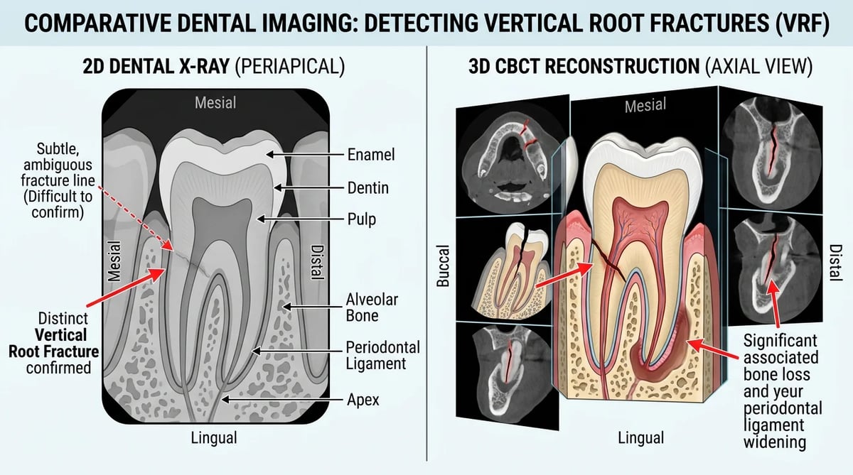 2D 방사선과 3D CBCT 영상에서 수직 치근 파절 진단 차이 비교 인포그래픽
