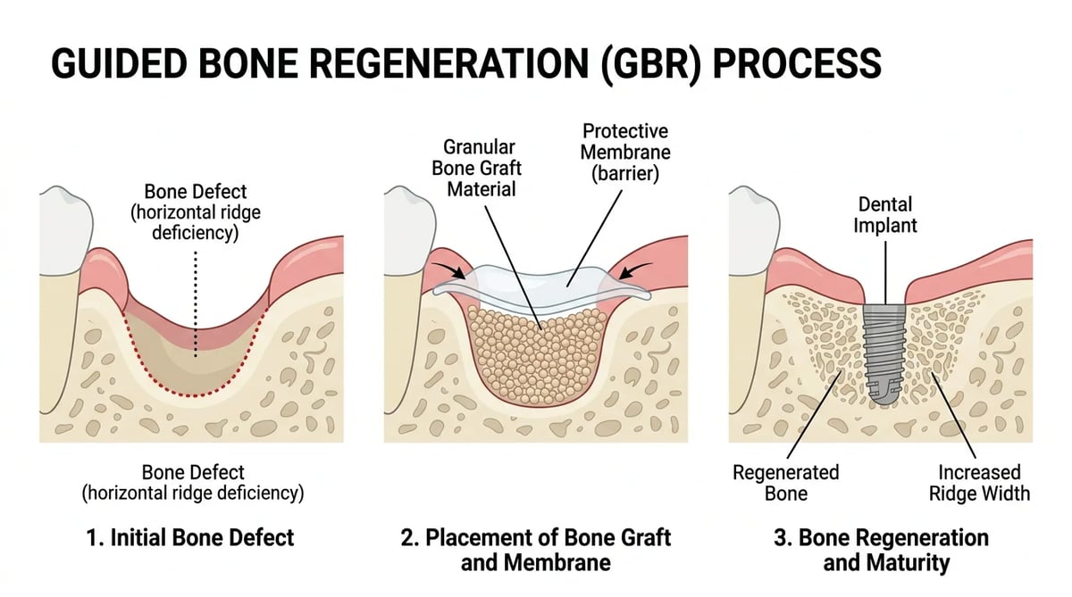 골유도재생술(GBR)의 원리를 설명하는 도식