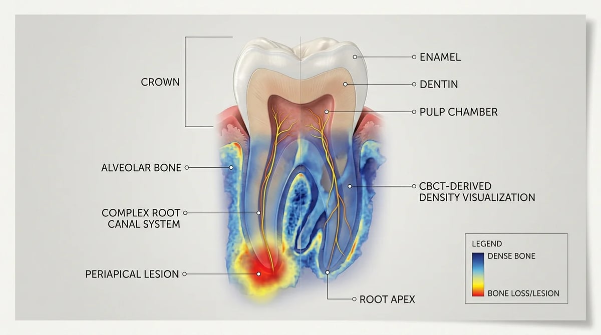 치아와 치근단 병소를 3차원으로 보여주는 CBCT 진단 이미지
