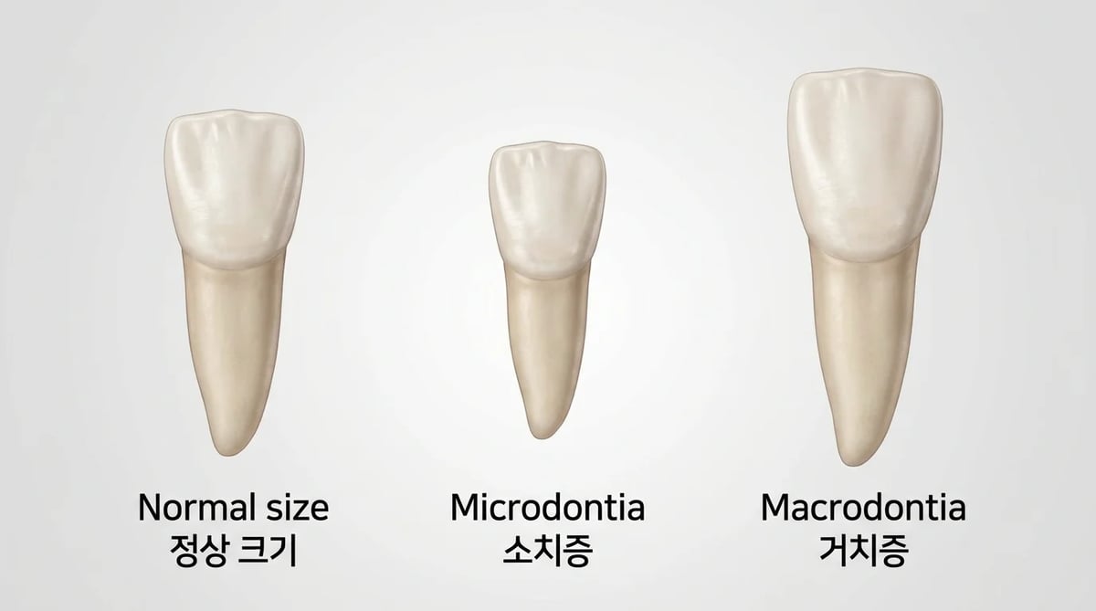 정상치, 왜소치, 거대치 세 가지 치아 크기를 비교한 일러스트레이션