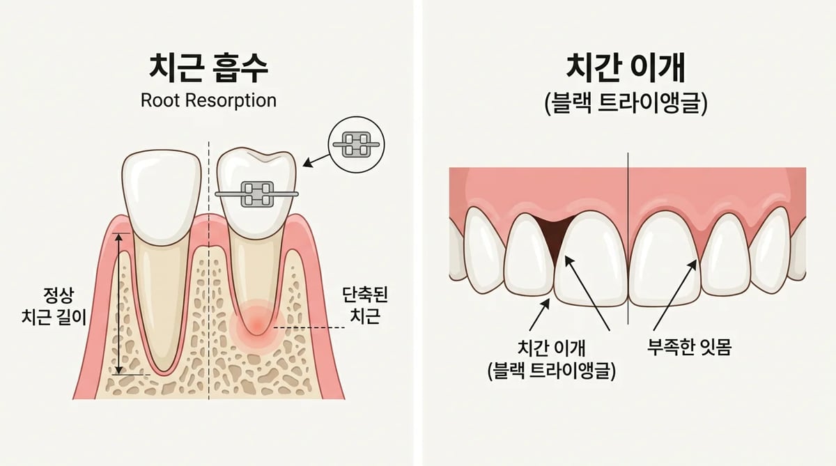 치근 흡수와 블랙 트라이앵글을 시각적으로 설명하는 다이어그램