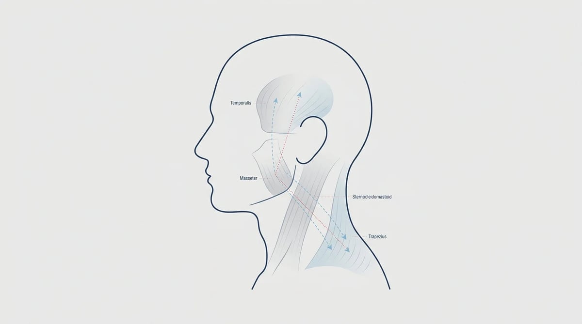 턱관절, 두통, 목 통증의 연관성을 보여주는 인포그래픽