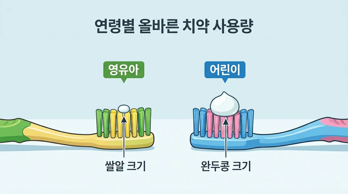 영유아와 어린이의 불소 치약 권장 사용량을 보여주는 일러스트