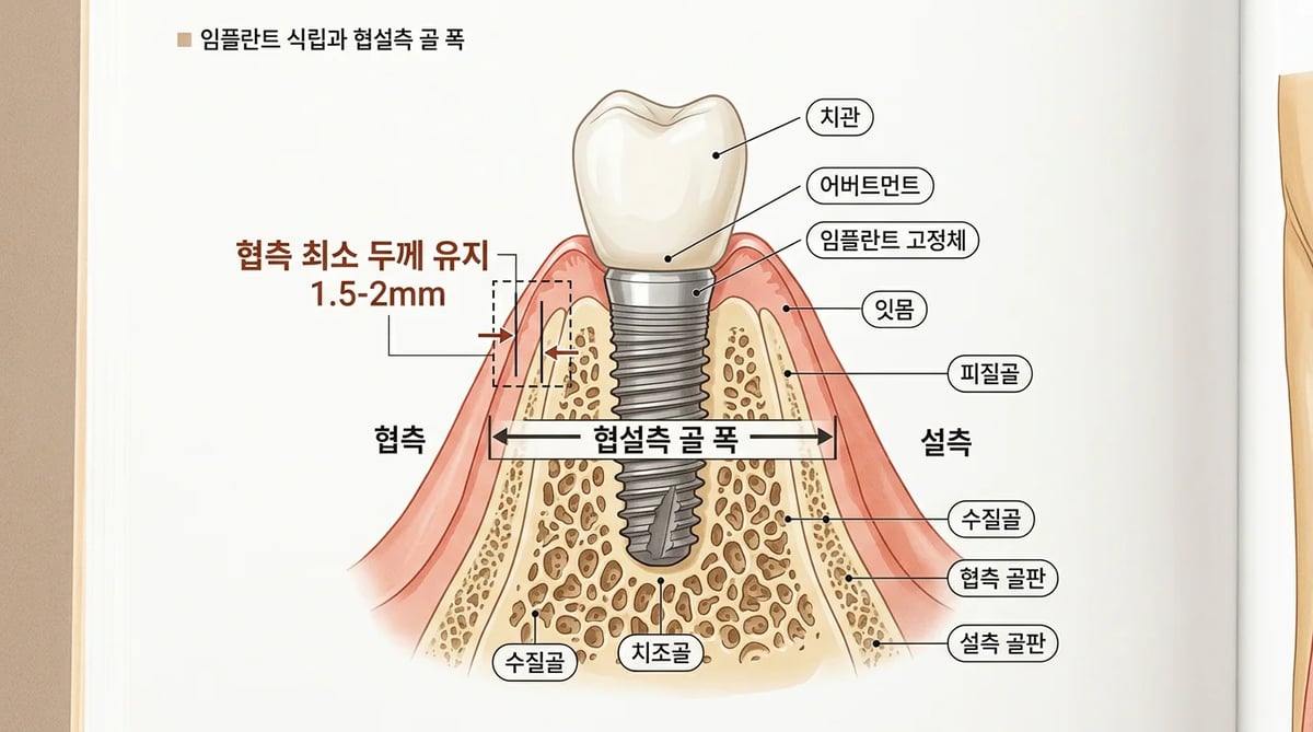 임플란트 주변 협설측 골 폭의 중요성을 설명하는 단면도