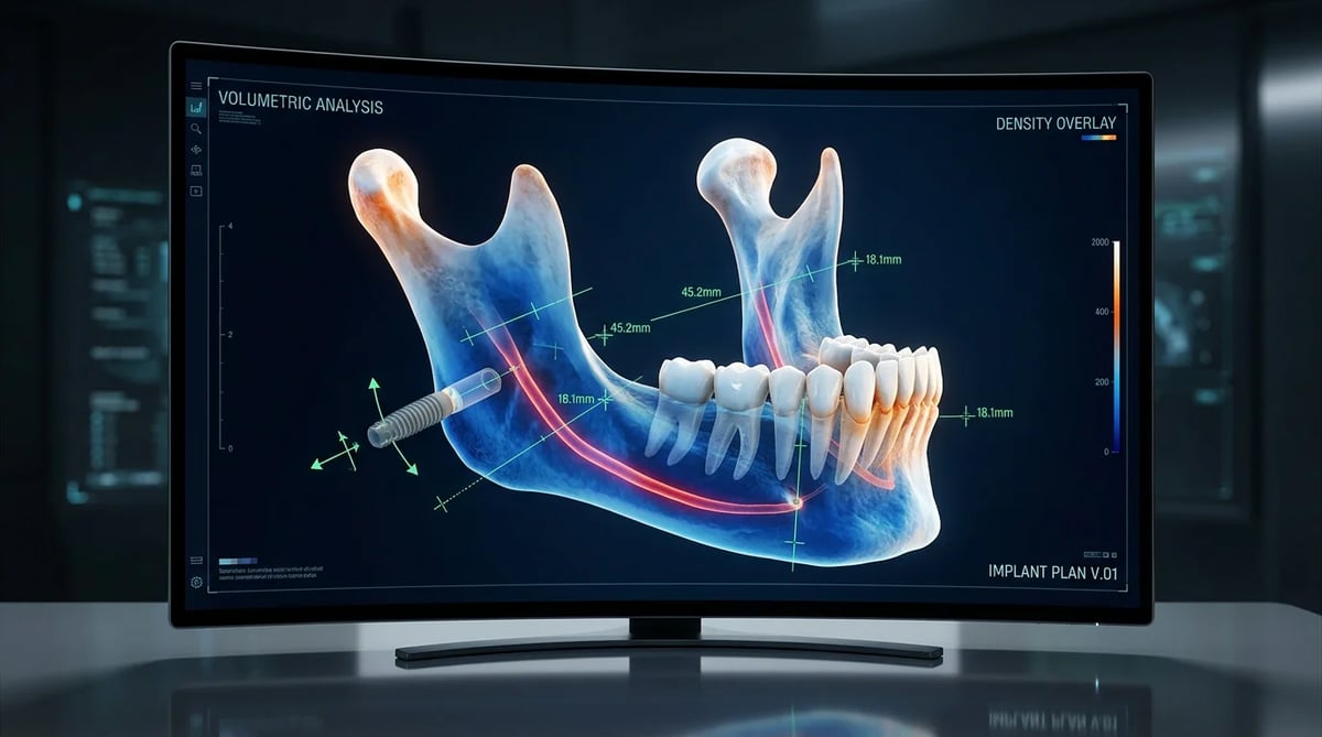 3D-CT 영상으로 치조골의 높이, 폭, 밀도를 측정하는 모습을 시각화한 의료 진단 화면