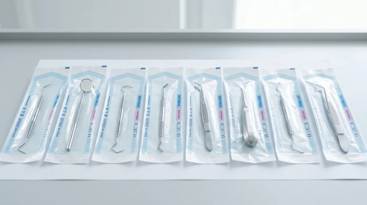 개별 포장되어 멸균 처리된 치과 기구들, 위생 관리를 강조하는 이미지