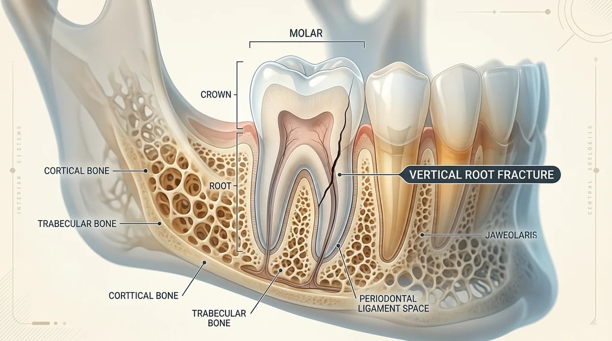 수직치근파절을 보여주는 치아의 3D 콘빔 CT(CBCT) 진단 이미지