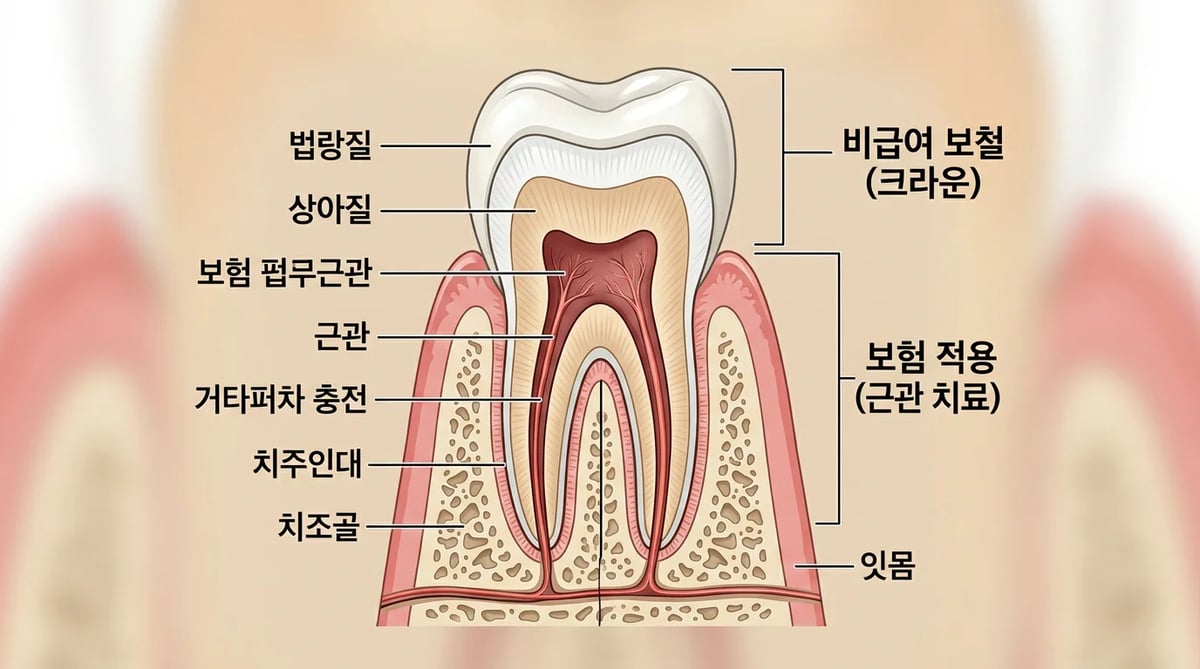 신경치료의 급여 항목과 비급여 보철 항목을 보여주는 치아 단면도