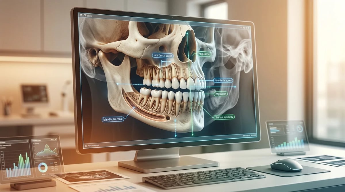 치아와 턱뼈의 3D CT 스캔 이미지를 통해 정밀 진단하는 모습