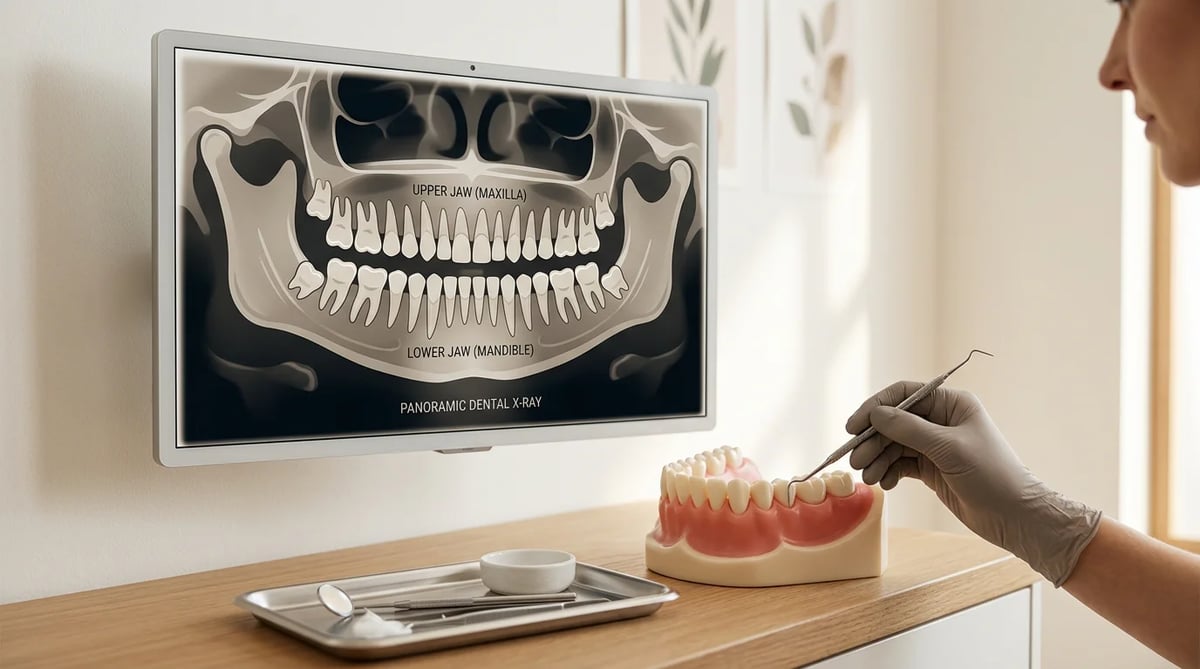 치과 진단 과정에서 사용되는 파노라마 X-ray 이미지와 구강 검진 도구
