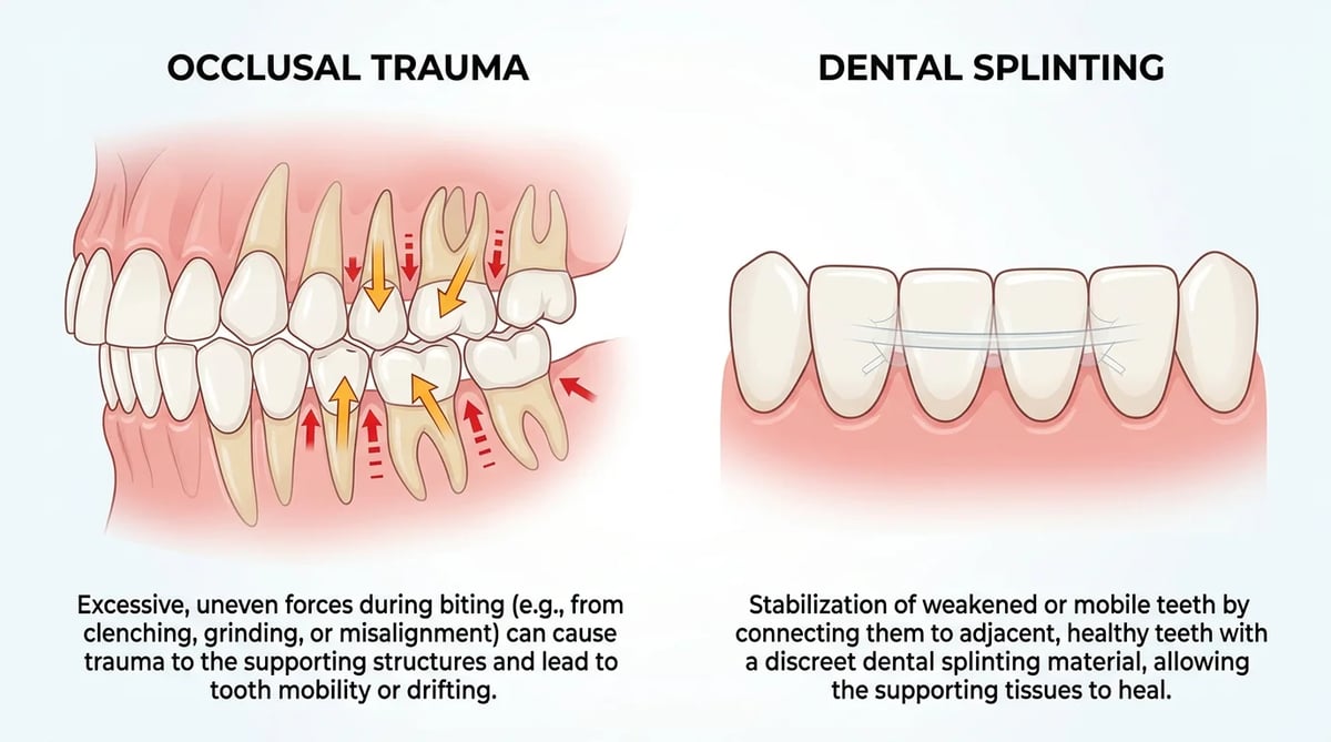 과도한 씹는 힘(교합성 외상)으로 인한 치아 흔들림과 치아 고정술(Dental Splinting)의 원리
