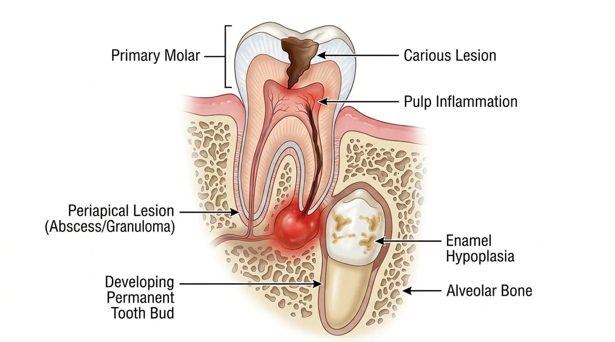 유치 뿌리 끝 염증(치근단 병소)이 아래 영구치 법랑질 형성에 미치는 영향을 보여주는 상세 해부학적 일러스트.