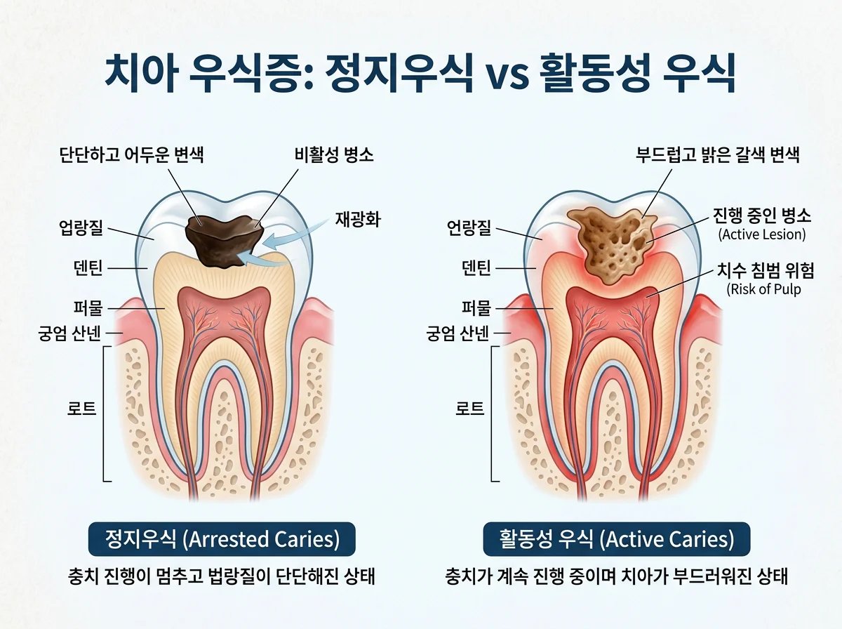 정지우식과 활동성 우식을 시각적으로 구분하는 치아 일러스트