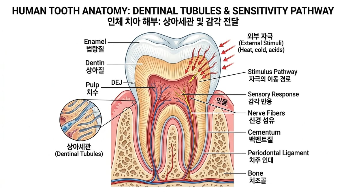 치아 내부의 상아세관이 외부 자극을 신경으로 전달하는 원리를 보여주는 해부학적 단면도