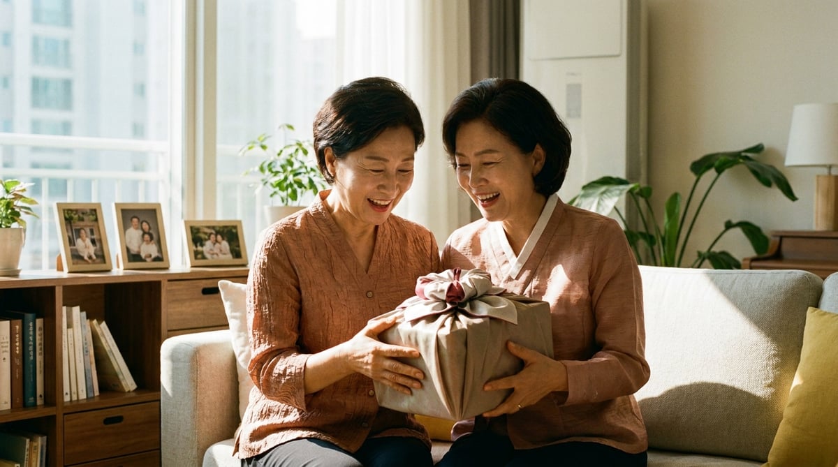 밝고 아늑한 거실에서 단정한 가을 블라우스를 입은 50~60대 한국 어머니가 고급스럽게 포장된 추석 선물을 안고 환하고 따뜻하게 미소 짓는 행복한 명절 풍경입니다.