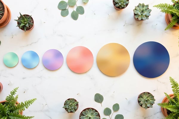 예산별 6단계를 파스텔 컬러 원형으로 표현한 미니멀 플랫레이 에디토리얼 사진 — 공기청정기 투자 가이드 컨셉