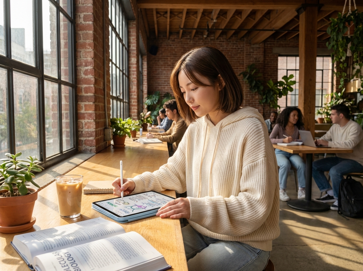 밝은 캠퍼스 카페에서 아이패드 에어로 애플 펜슬 필기를 하고 있는 20대 한국인 여대생