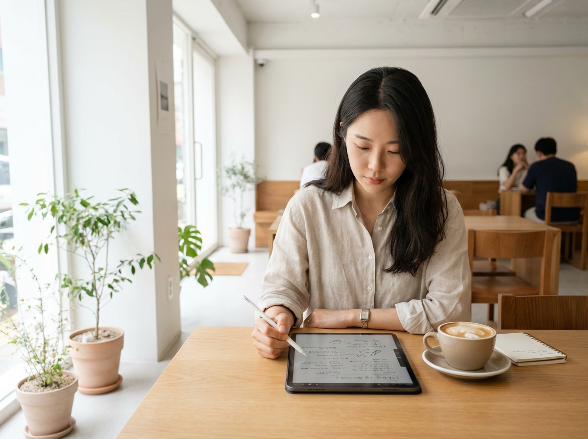 밝은 카페에서 아이패드 에어로 노트 필기하며 공부하는 세련된 한국 여성