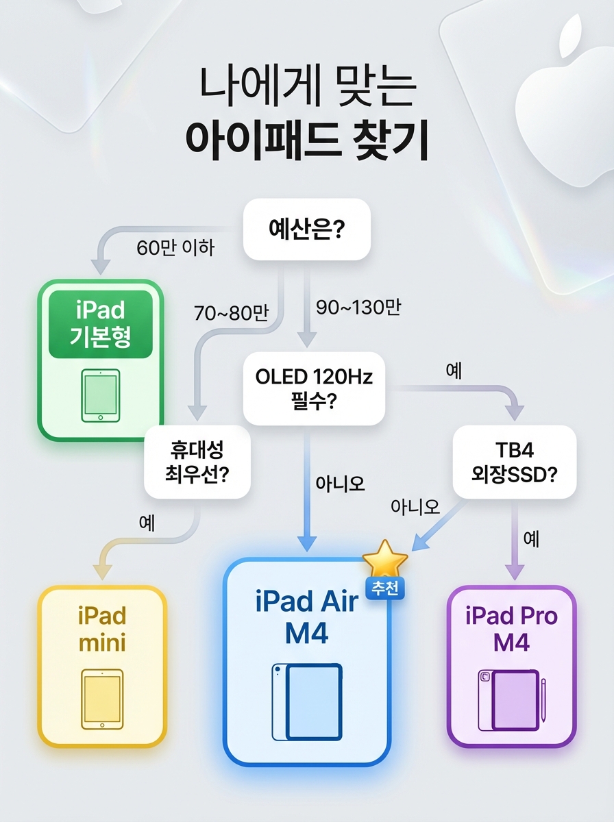나에게 맞는 아이패드 선택 의사결정 플로우차트 — 예산, 용도, 크기 기준으로 최종 모델 추천