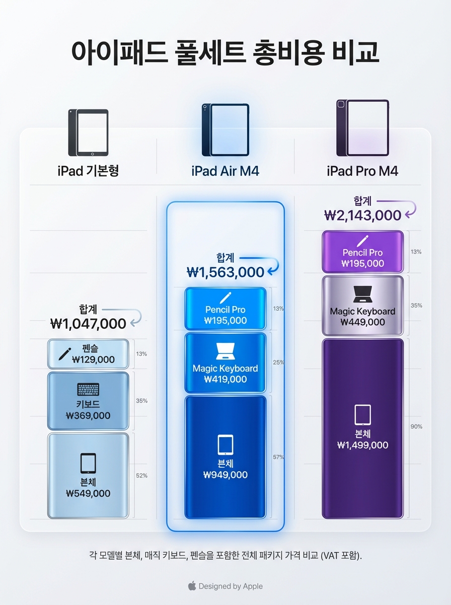 아이패드 3개 라인업의 본체+키보드+펜슬 풀세트 총비용 비교 인포그래픽 — 기본형 91만, 에어 155만, 프로 206만 원
