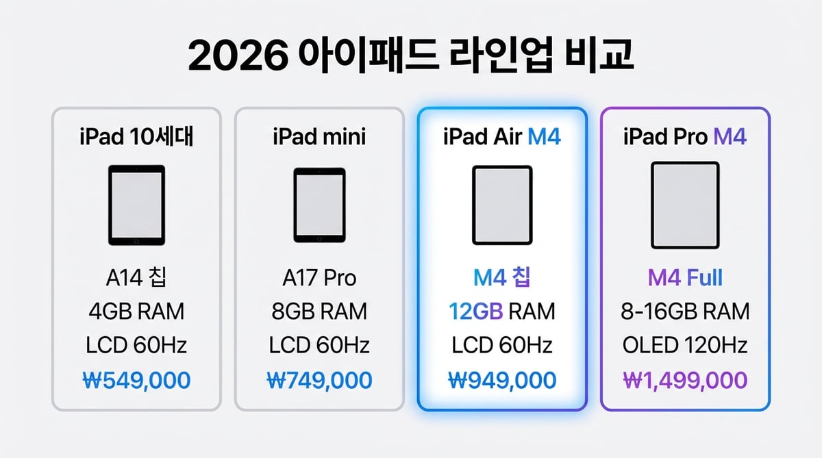 2026 아이패드 4개 모델 스펙 비교 인포그래픽 — 기본형 A14, 미니 A17 Pro, 에어 M4, 프로 M4의 칩, 디스플레이, 가격 비교표
