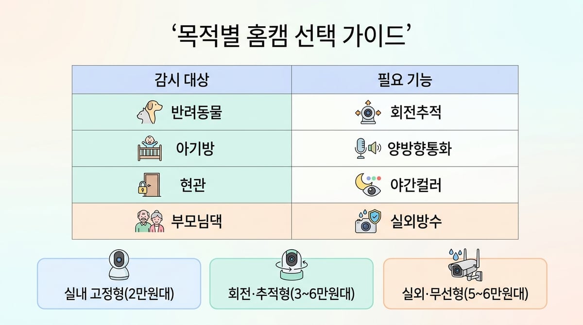 반려동물, 아기방, 현관, 부모님 댁 등 감시 대상별로 필요한 회전추적, 양방향통화, 야간컬러, 실외방수 기능과 실내 고정형, 회전추적형, 실외무선형 가격대를 정리한 인포그래픽입니다.