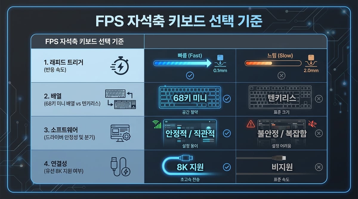FPS 게임용 자석축 키보드를 고를 때 핵심이 되는 4가지 기준인 래피드 트리거 성능, 키보드 배열, 소프트웨어 안정성, 연결성을 한눈에 보여주는 깔끔한 인포그래픽입니다.