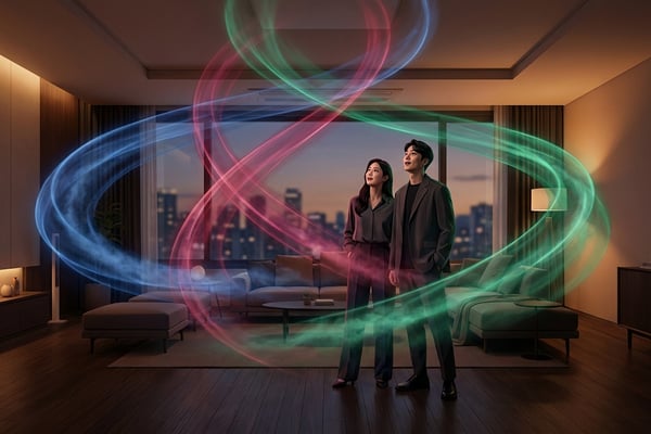 삼성 블루, LG 마젠타, 코웨이 그린 세 갈래 공기 흐름이 한국 아파트 거실에서 충돌하는 감각적 에디토리얼 일러스트