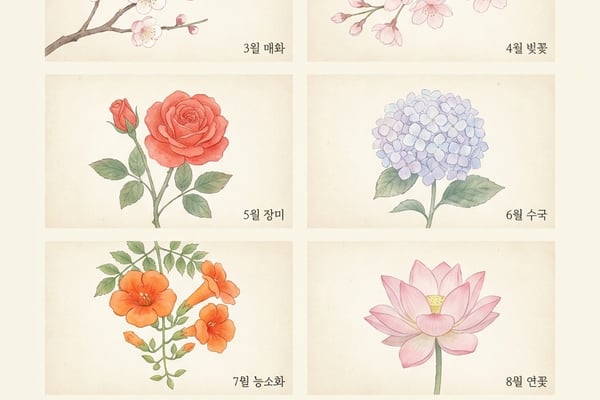 한국 꽃 달력 3월부터 10월까지 파스텔 일러스트