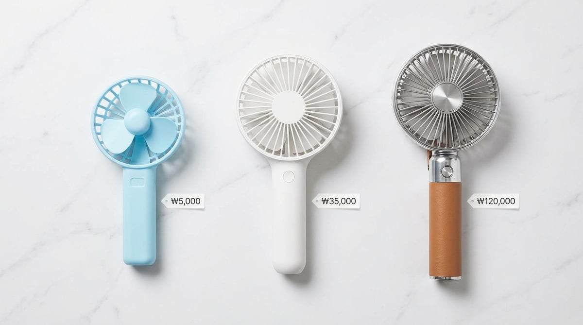 가격대별 손풍기 3개 플랫레이 — 저가 중가 프리미엄 비교