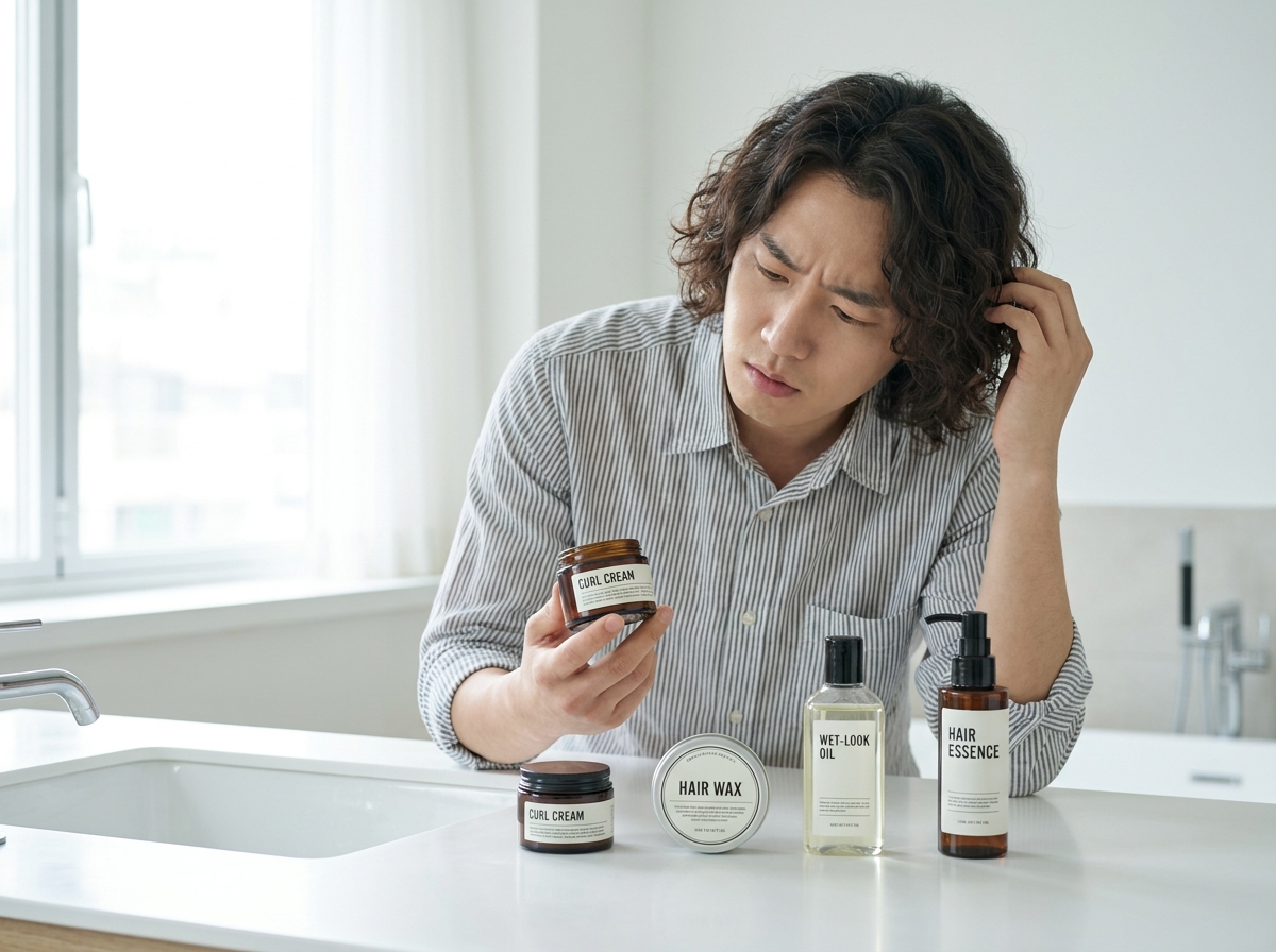 남자 미디움 파마머리를 한 남성이 컬크림, 왁스, 웻오일, 헤어에센스 네 가지 스타일링제 앞에서 무엇을 발라야 할지 고민하는 모습