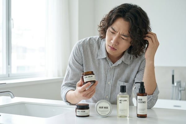남자 미디움 파마머리를 한 남성이 컬크림, 왁스, 웻오일, 헤어에센스 네 가지 스타일링제 앞에서 무엇을 발라야 할지 고민하는 모습