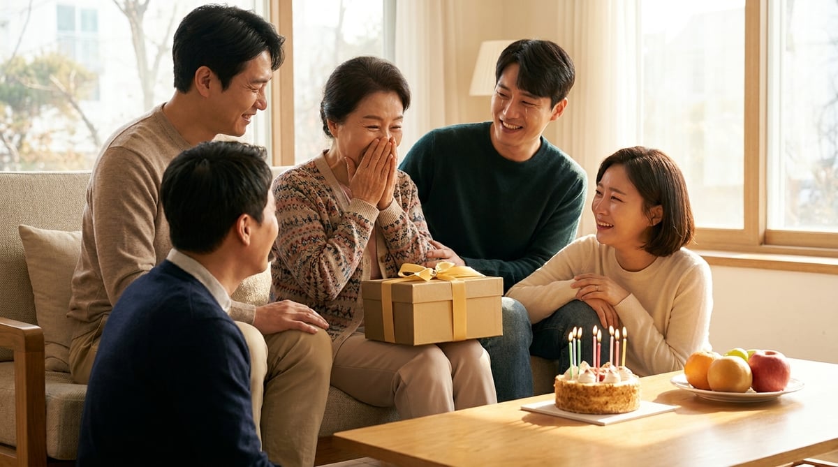 생신날 자녀의 깜짝 선물을 받아 환하게 웃는 60대 한국 엄마와 가족이 모인 거실